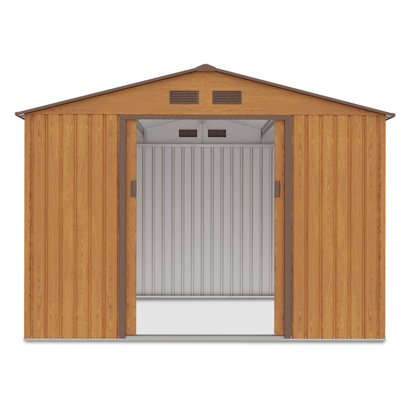 Przód domku na narzędzia HUDSON 277x255cm z otwartymi drzwiami, widok na wnętrze 