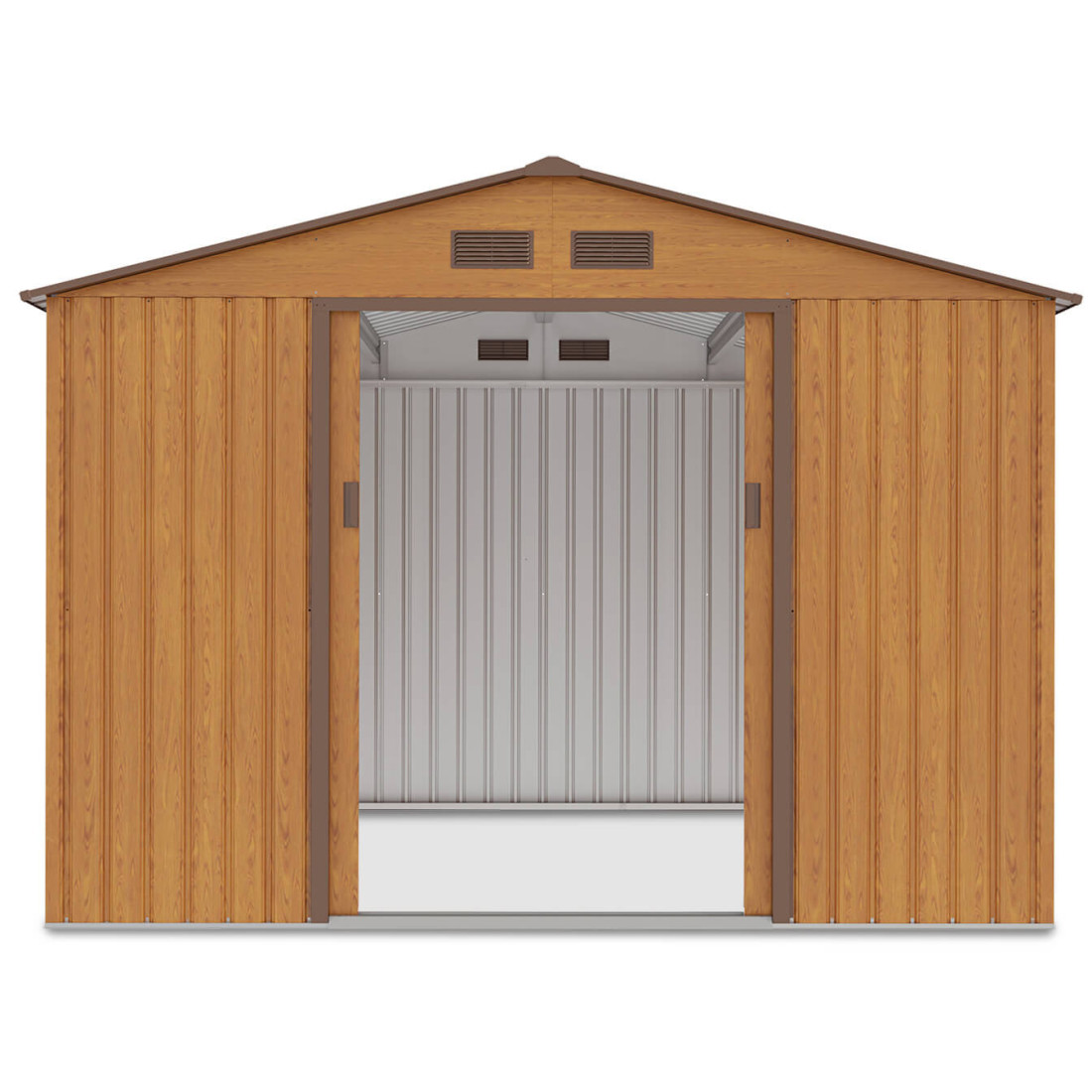 Przód domku na narzędzia HUDSON 277x255cm z otwartymi drzwiami, widok na wnętrze 