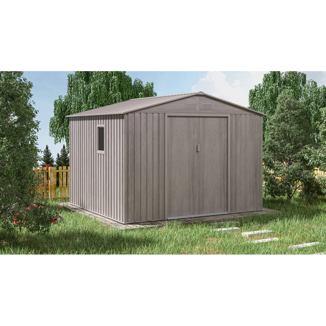 Aranżacja domku narzędziowego HUDSON 277x255cm Light Wood w ogrodzie