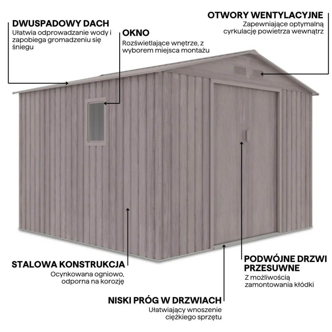 Grafika z detalami i cechami domku narzędziowego HUDSON 277x255