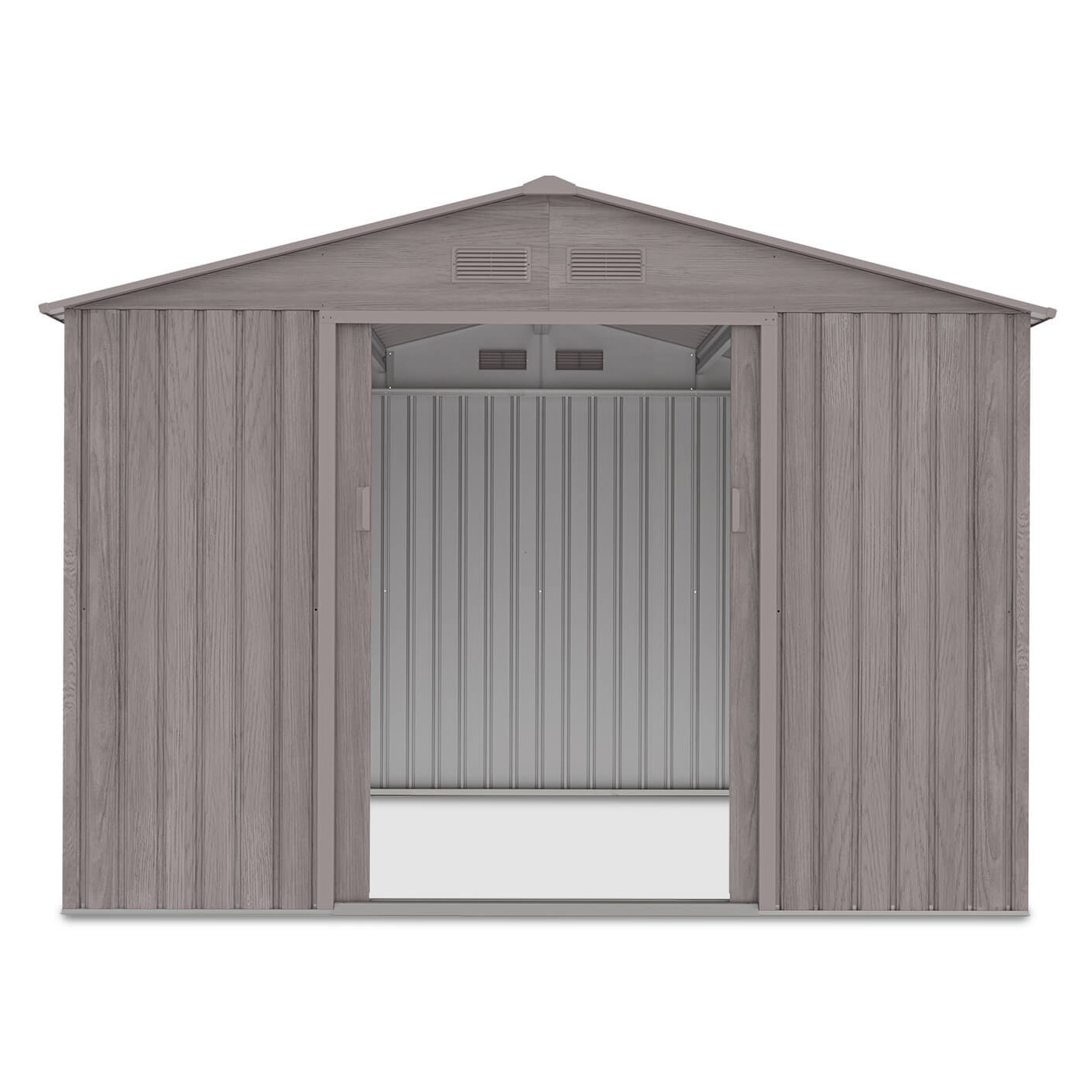 Przód domku na narzędzia HUDSON 277x255cm, otwarte drzwi, widok na wnętrze domku