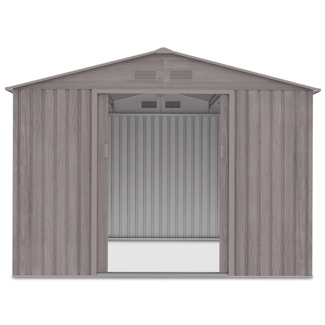 Przód domku na narzędzia HUDSON 277x255cm, otwarte drzwi, widok na wnętrze domku