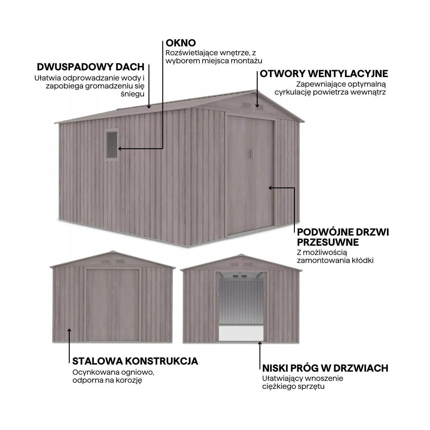  Grafika z detalami i cechami domku narzędziowego HUDSON 277x319cm