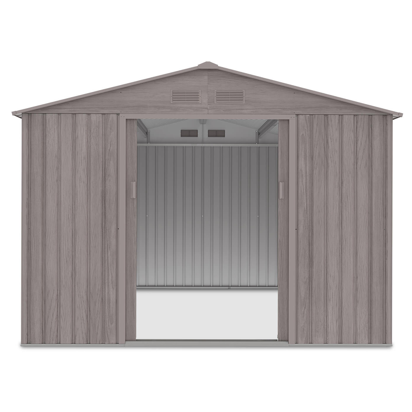 Widok na przód domku narzędziowego HUDSON 277x319cm, z otwartymi drzwiami 