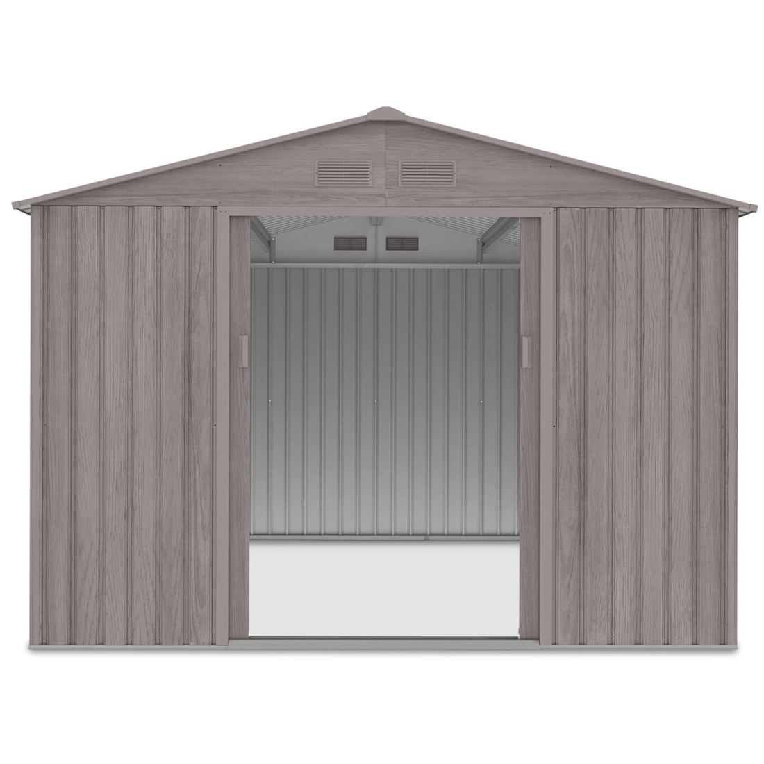 Widok na przód domku narzędziowego HUDSON 277x319cm, z otwartymi drzwiami 