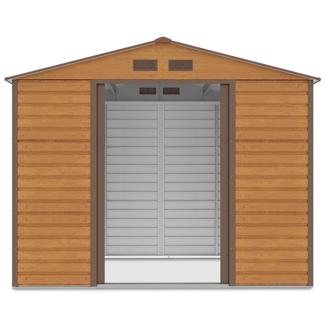 Widok na przód i wnętrze domku narzędziowego MONTREAL 277x195cm