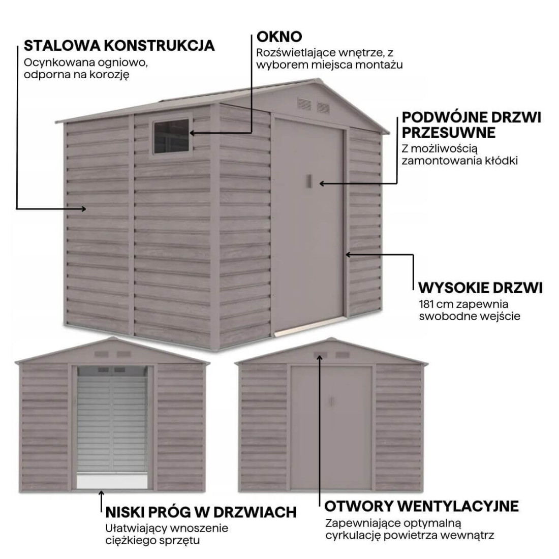 Grafika z detalami i cechami domku narzędziowego MONTREAL 277x195cm