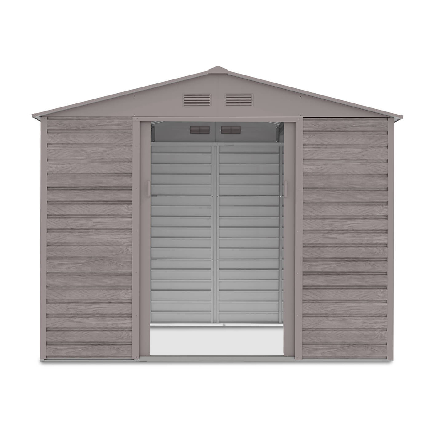 Widok na przód i wnętrze domku narzędziowego Light Wood