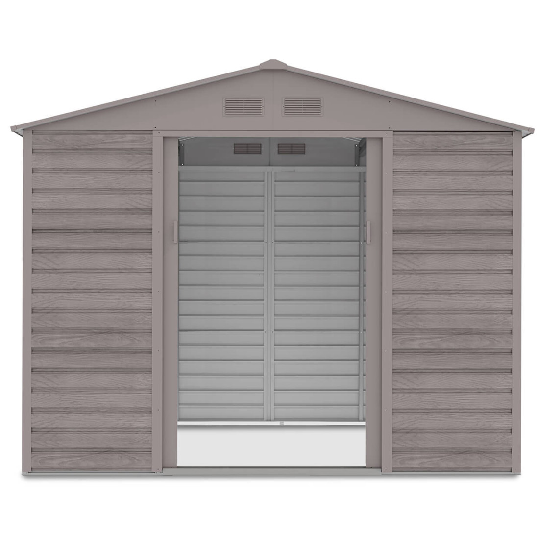 Widok na przód i wnętrze domku narzędziowego Light Wood