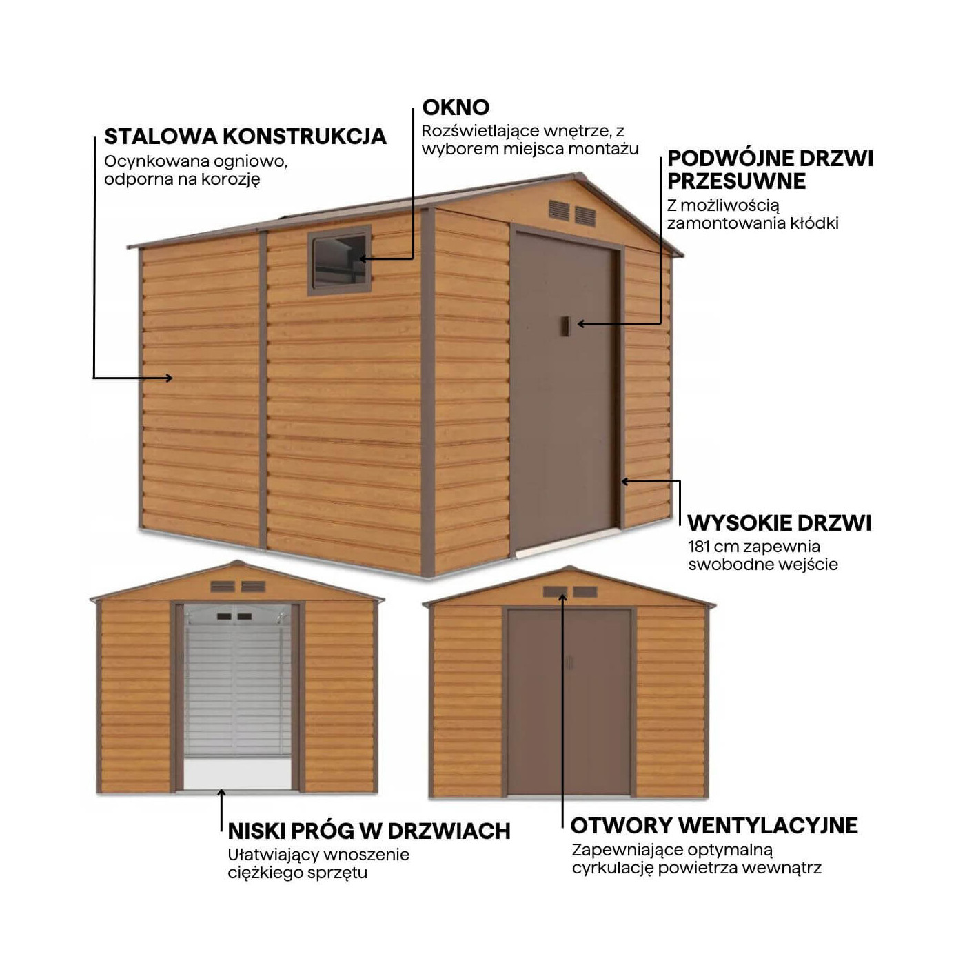 Grafika z detalami i cechami domku narzędziowego MONTREAL 277x259cm