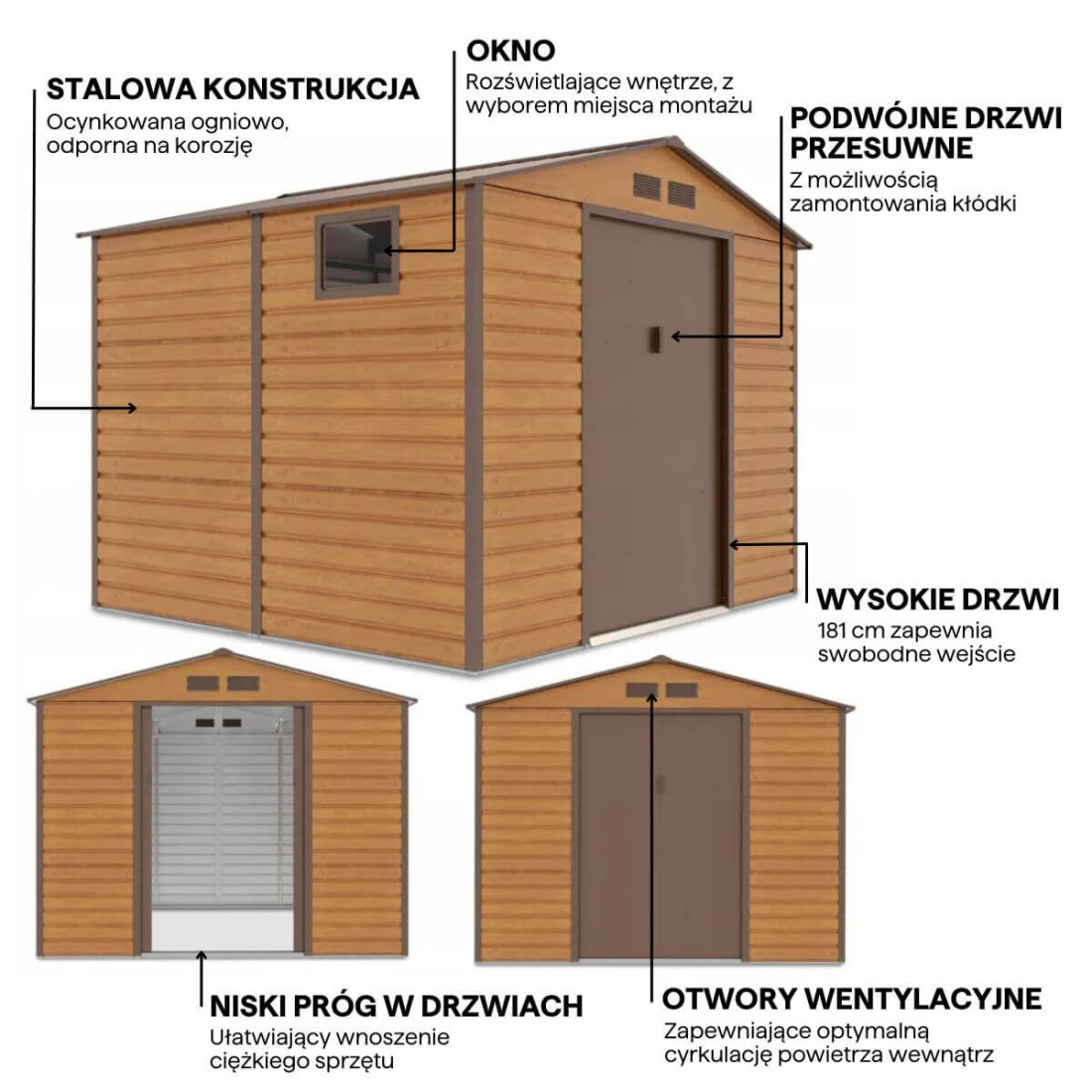 Grafika z detalami i cechami domku narzędziowego MONTREAL 277x259cm