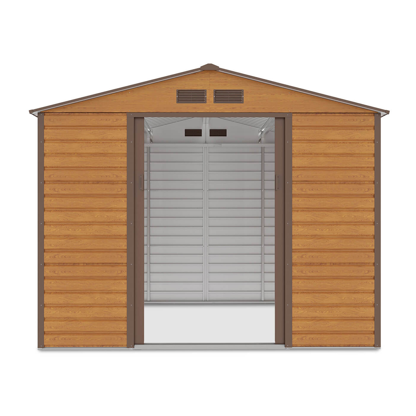 Widok na przód i wnętrze domku narzędziowego MONTREAL 277x259cm Oak Brown