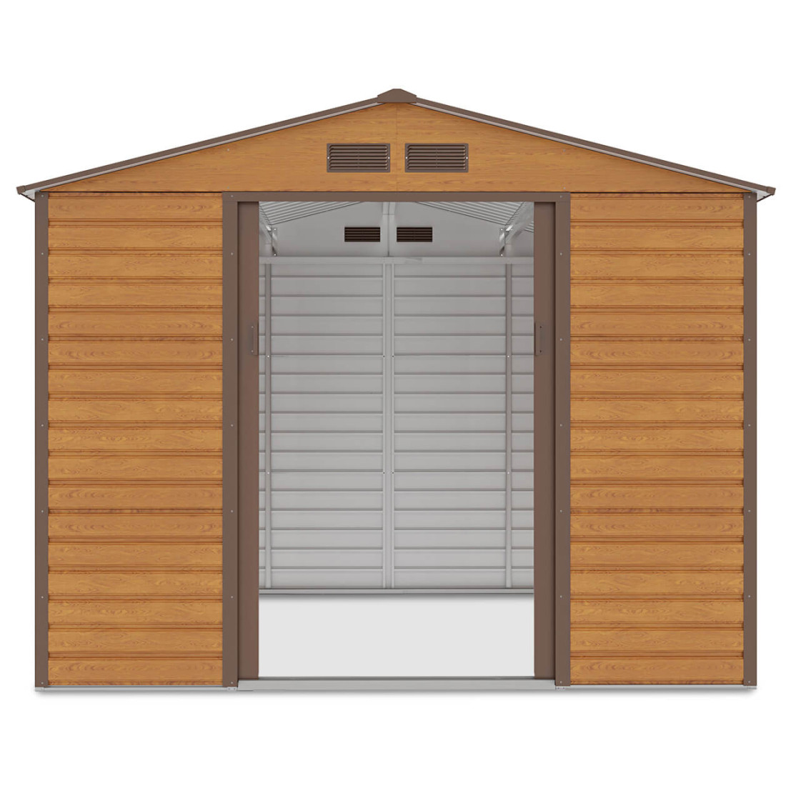 Widok na przód i wnętrze domku narzędziowego MONTREAL 277x259cm Oak Brown