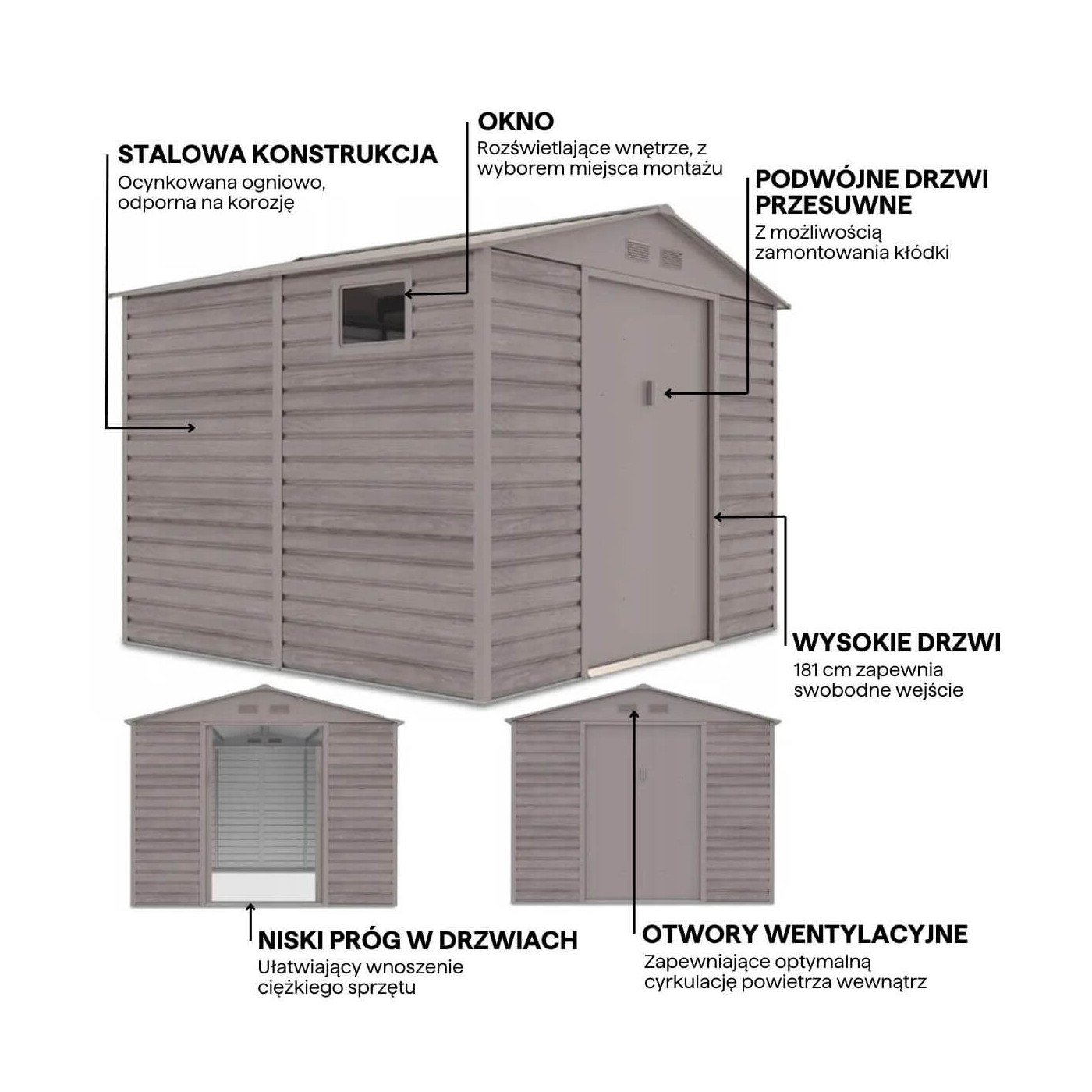 Grafika z detalami i cechami domku narzędziowego MONTREAL 277x259cm