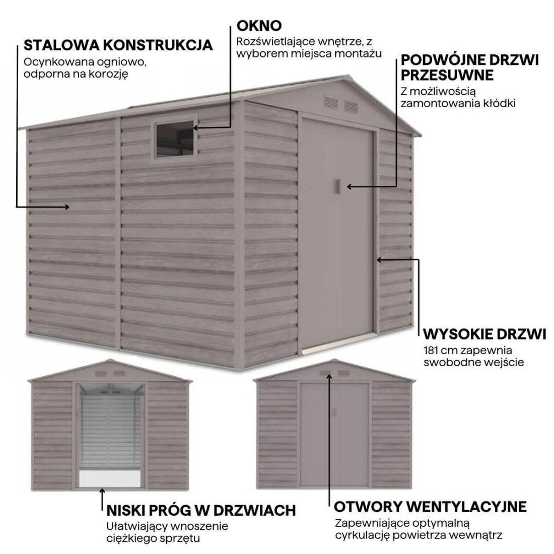 Grafika z detalami i cechami domku narzędziowego MONTREAL 277x259cm