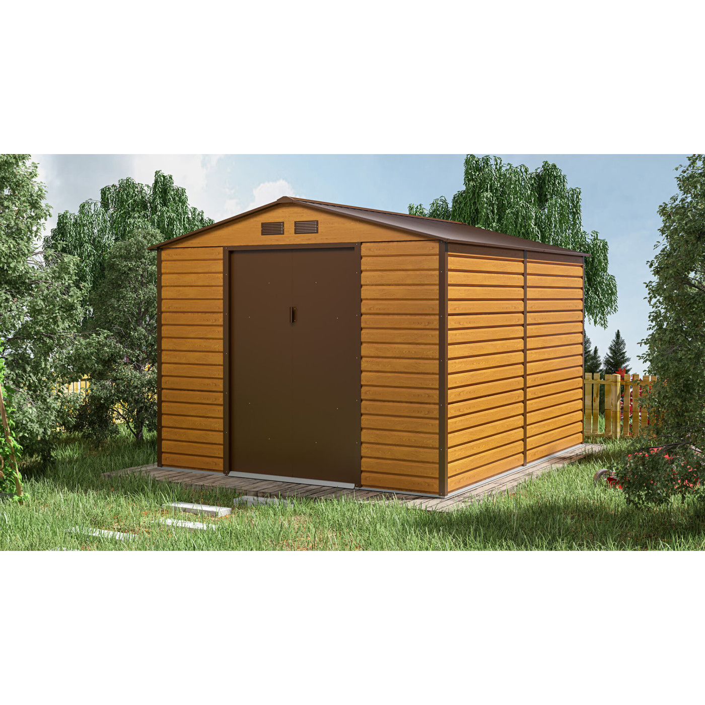 Aranżacja w ogrodzie schowka narzędziowego Montreal 277x319cm Oak Brown