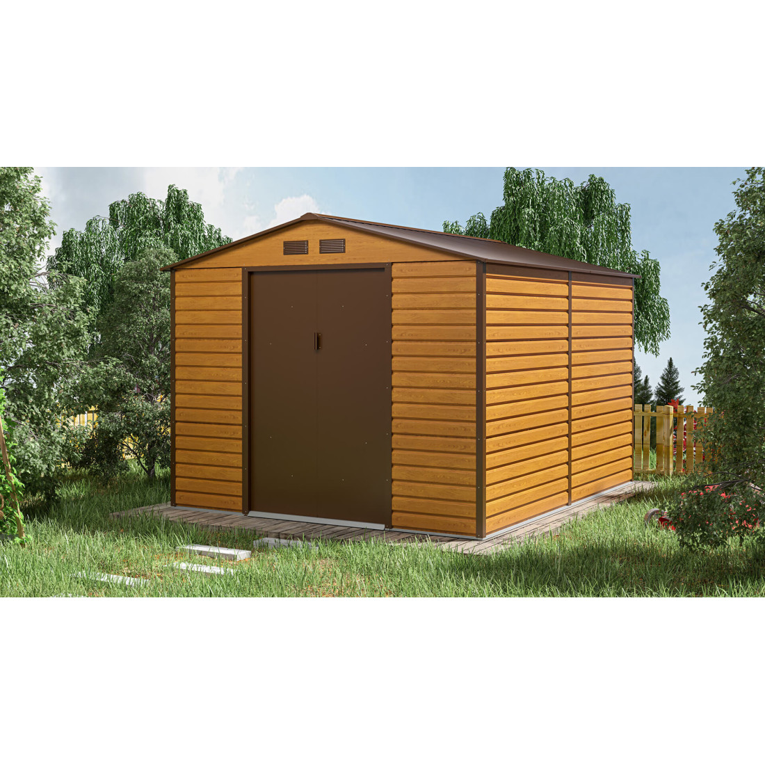 Aranżacja w ogrodzie schowka narzędziowego Montreal 277x319cm Oak Brown