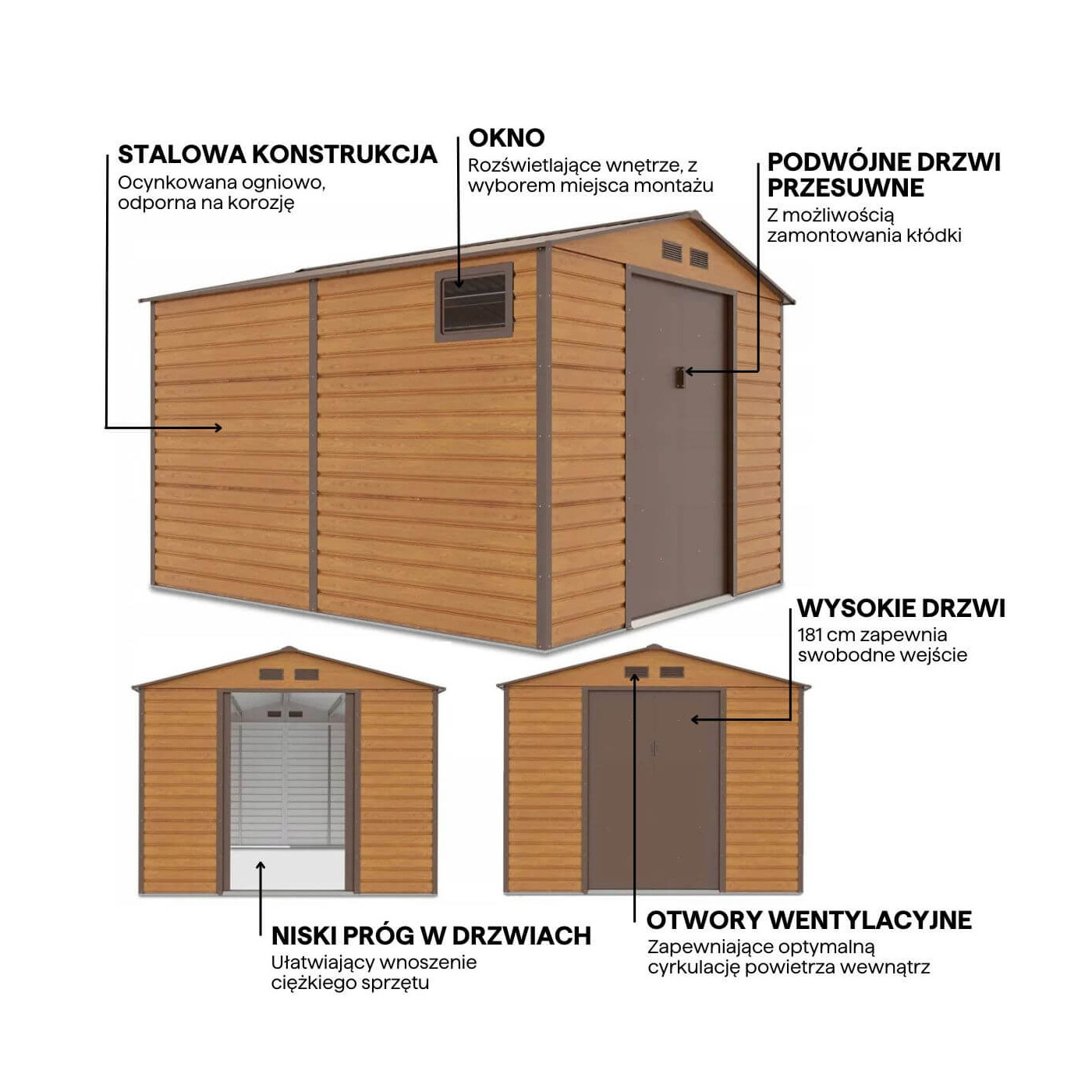 Rycina z cechami i detalami domku narzędziowego MONTREAL 277x323cm