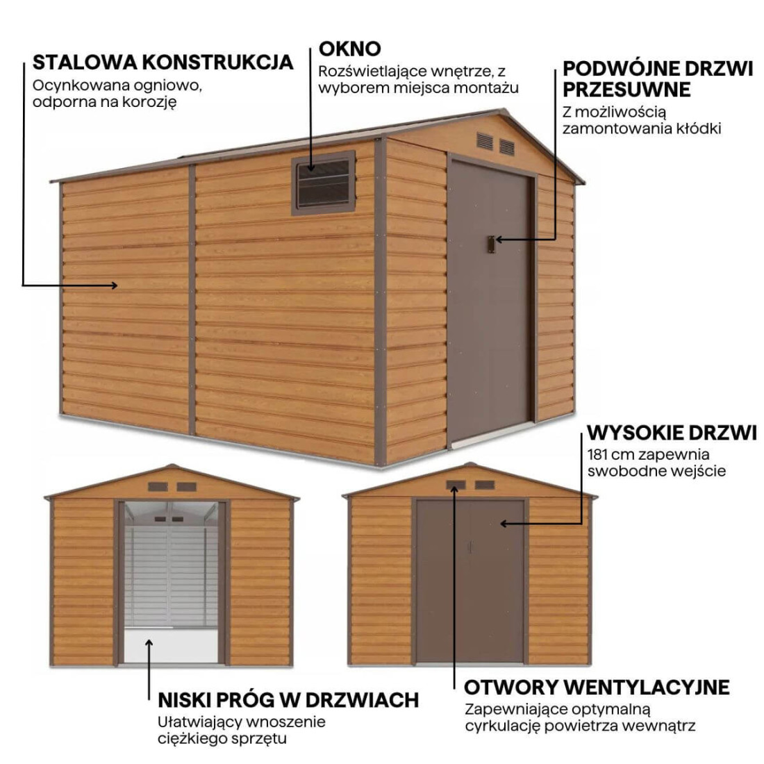 Rycina z cechami i detalami domku narzędziowego MONTREAL 277x323cm