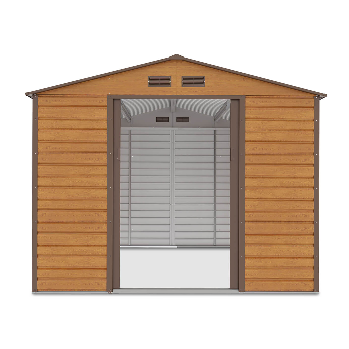 Widok na wnętrze domku narzędziowego Montreal 277x319 cm, domek z otwartymi drzwiami