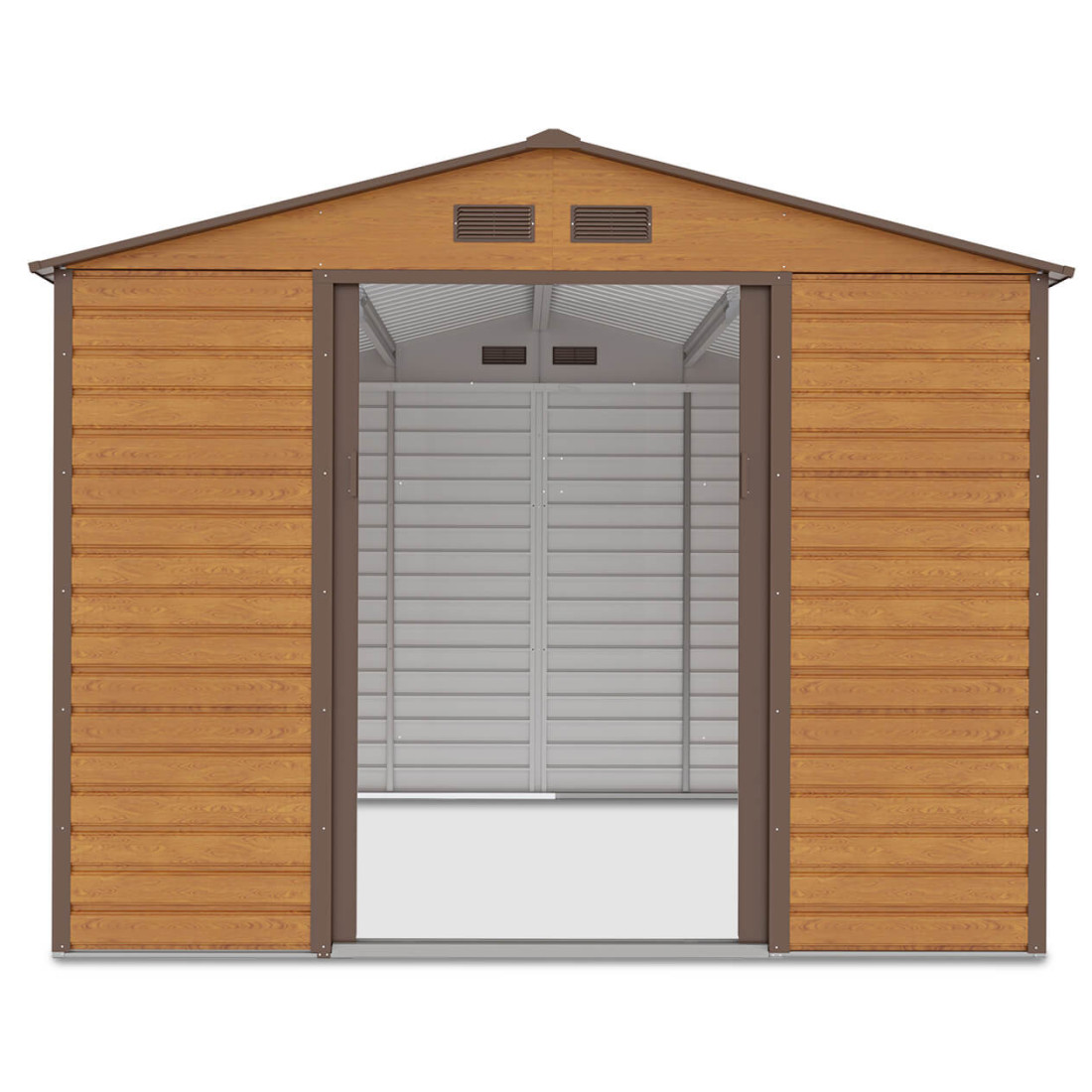 Widok na wnętrze domku narzędziowego Montreal 277x319 cm, domek z otwartymi drzwiami