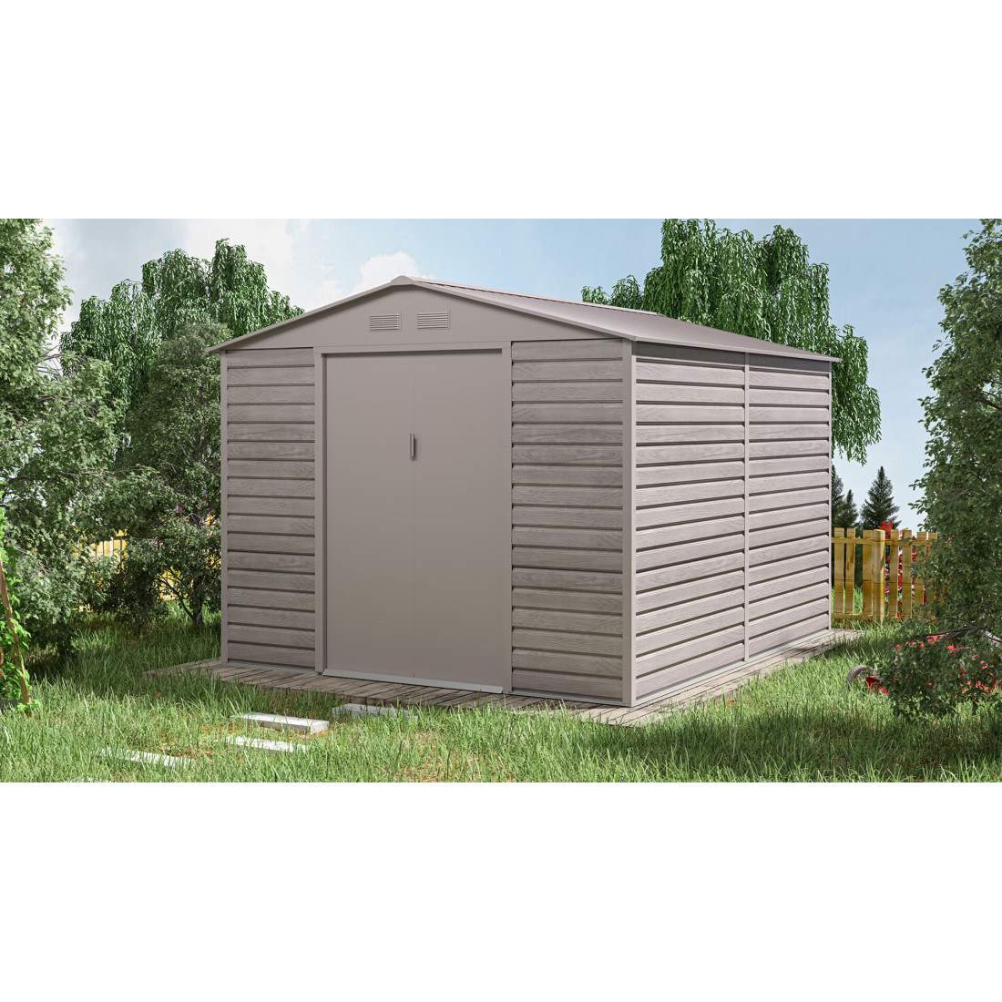 Schowek narzędziowy Montreal 277x319cm - aranżacja domku w ogrodzie, wśród drzew 