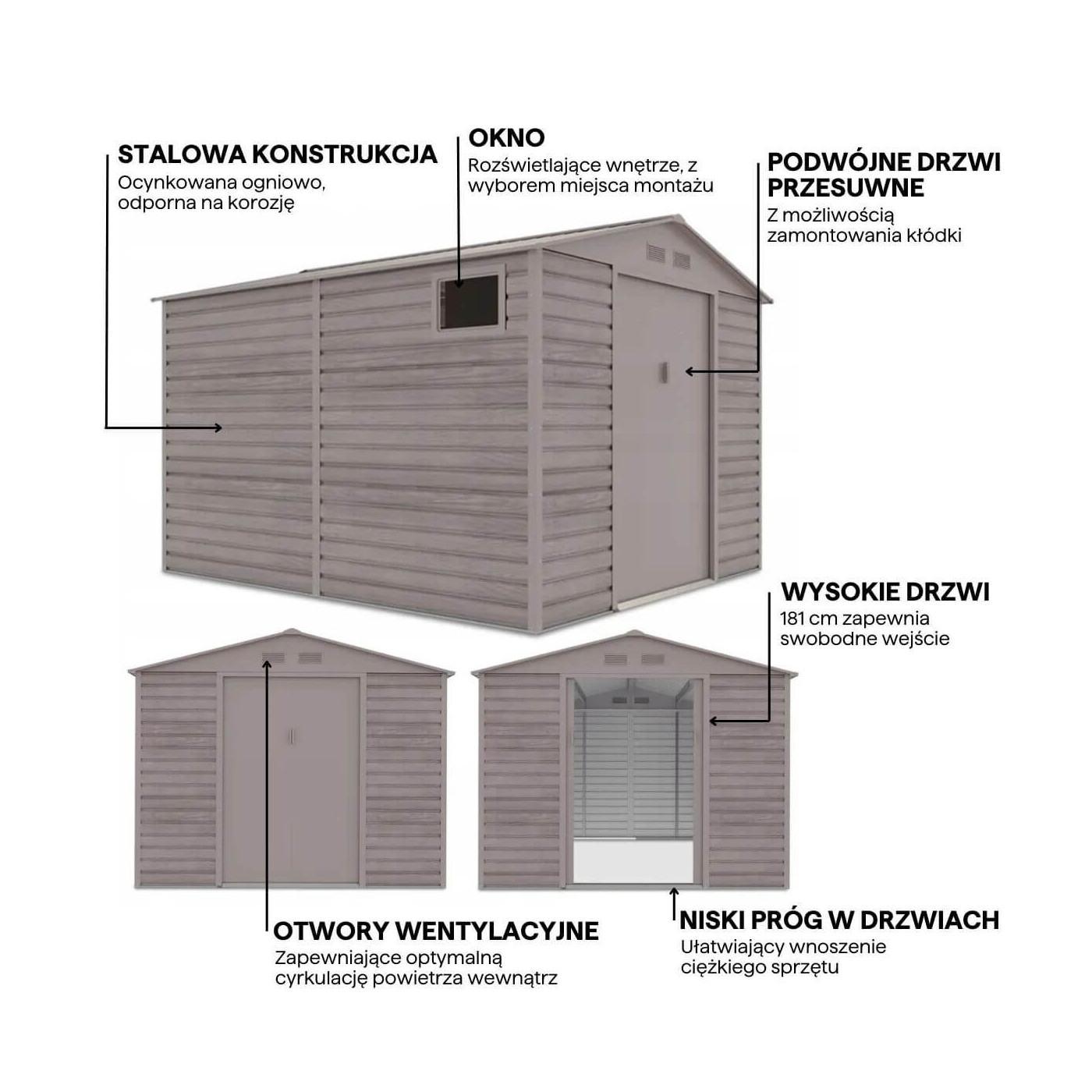 Grafika z cechami i detalami domku narzędziowego MONTREAL 277x323cm