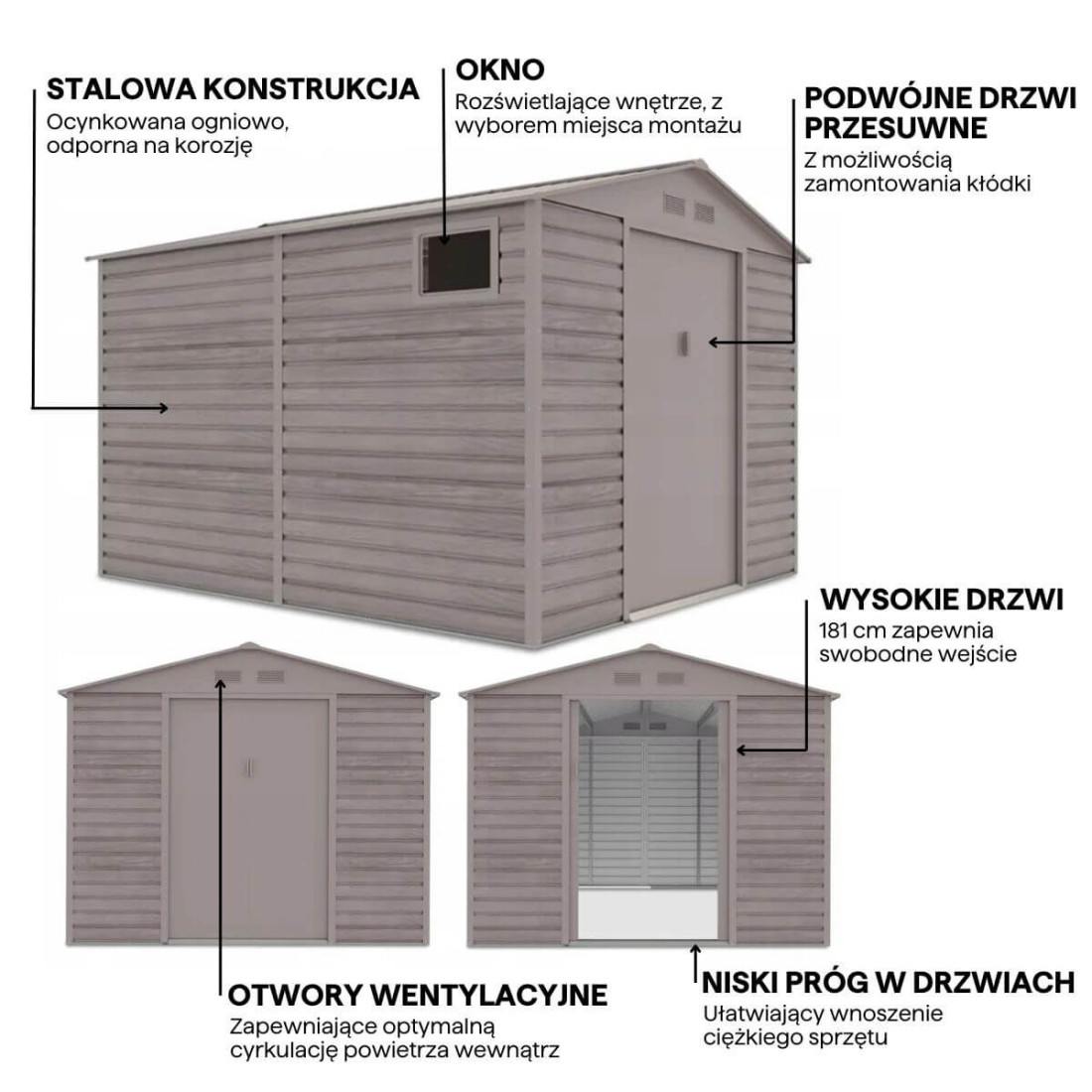 Grafika z cechami i detalami domku narzędziowego MONTREAL 277x323cm