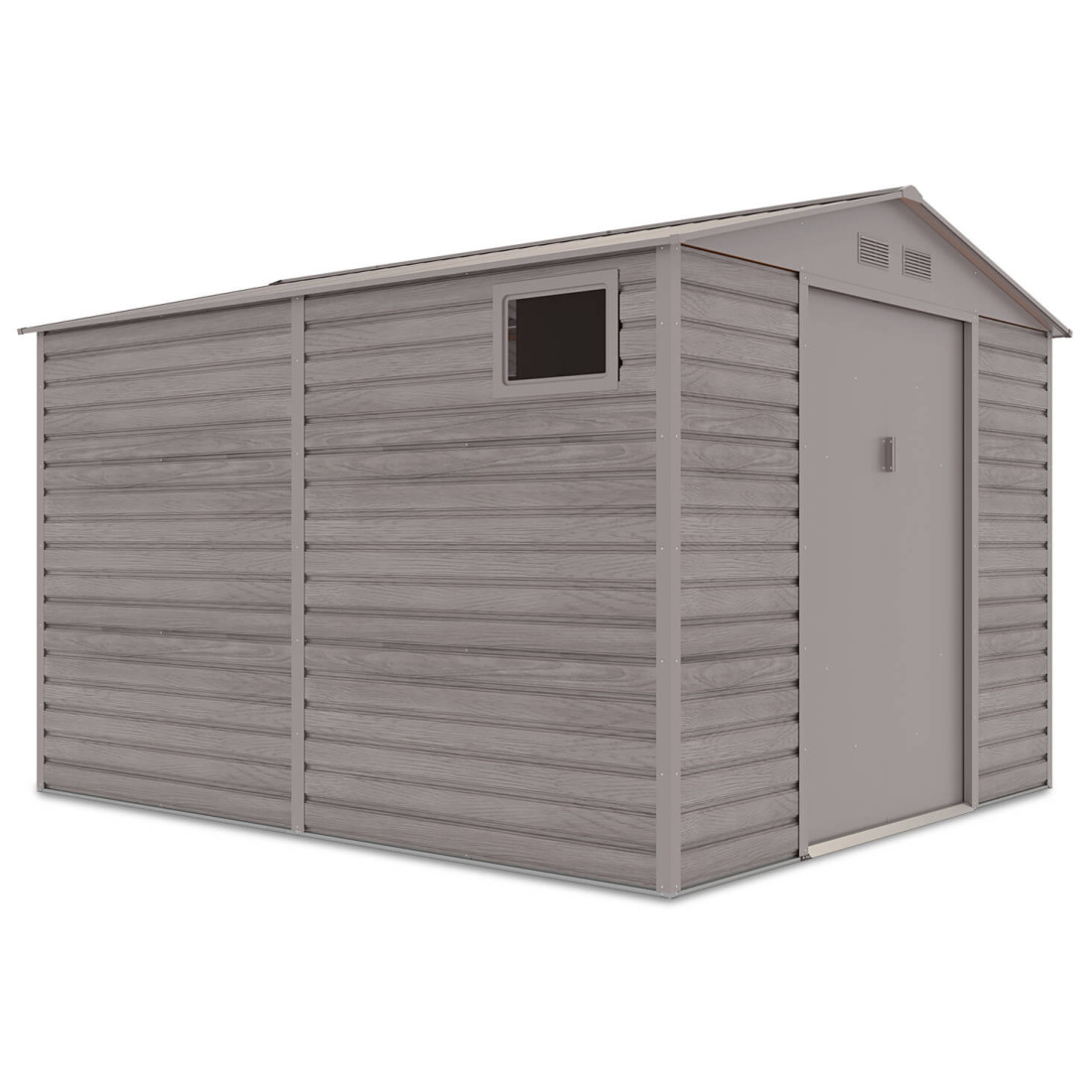 Widok na boczną ścianę z oknem domku narzędziowego Montreal 277x319cm Light Wood