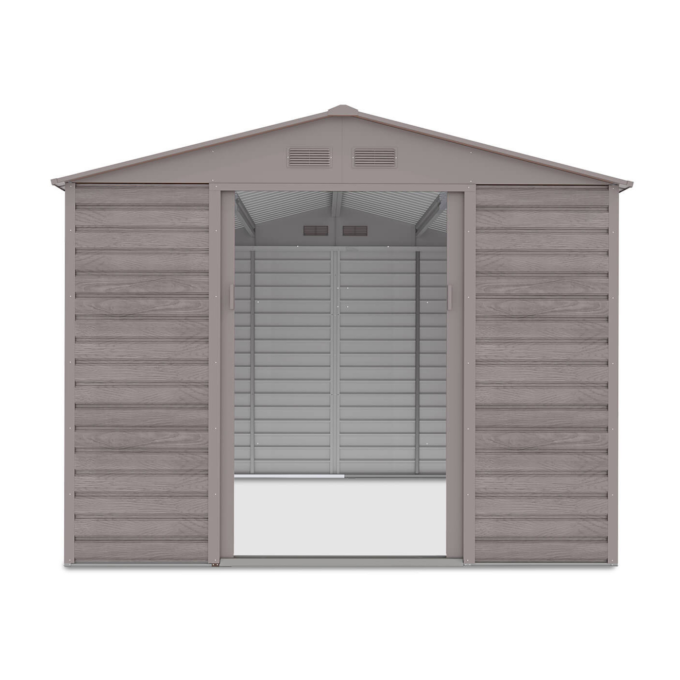 Widok na wnętrze domku na narzędzia Montreal 277x319cm, otwarte drzwi domku