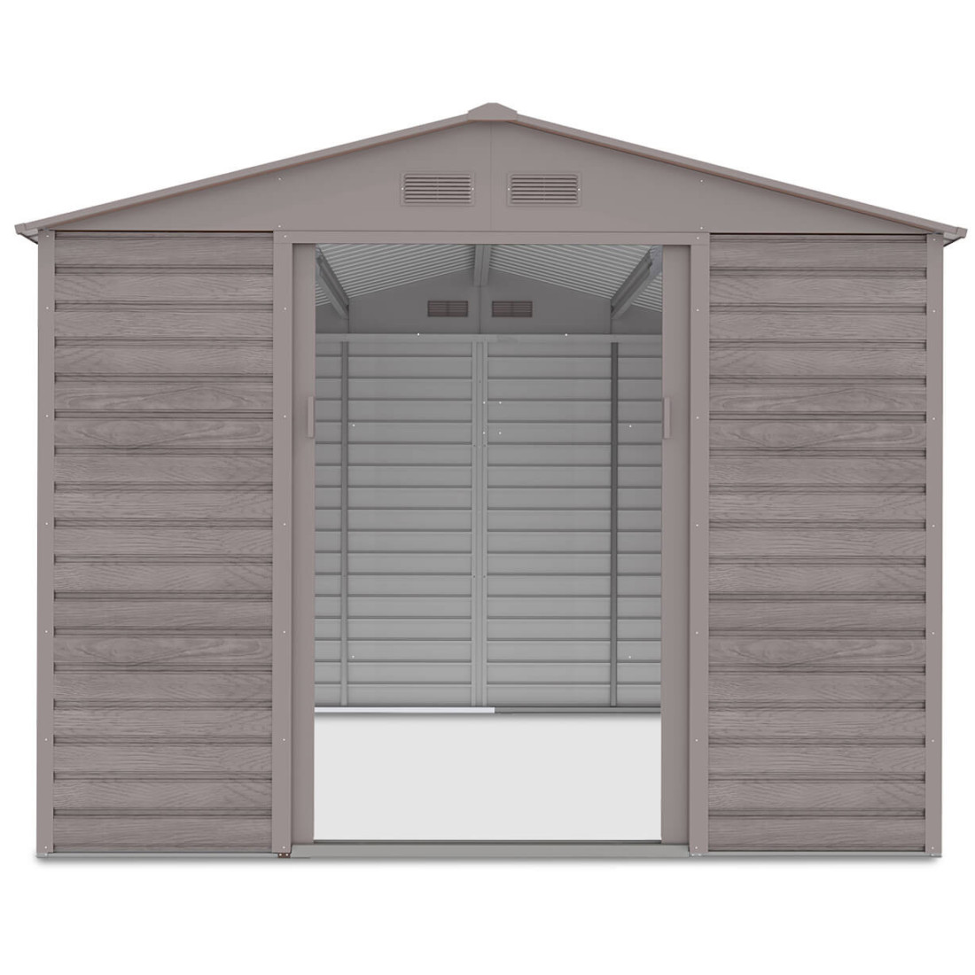 Widok na wnętrze domku na narzędzia Montreal 277x319cm, otwarte drzwi domku