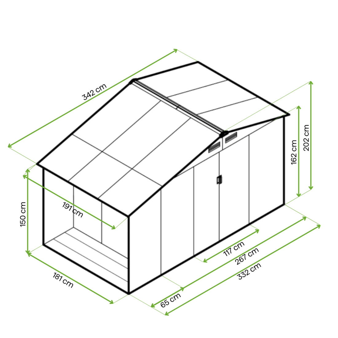 Rycina z wymiarami domku narzędziowego MADISON 342x191cm Cold Grey