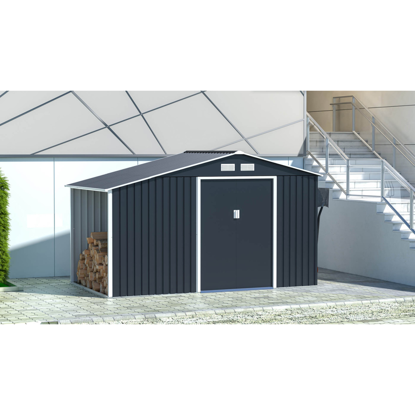 Aranżacja w ogrodzie domku na narzędzia MADISON 342x191cm Cold Grey - HARDMAISTER