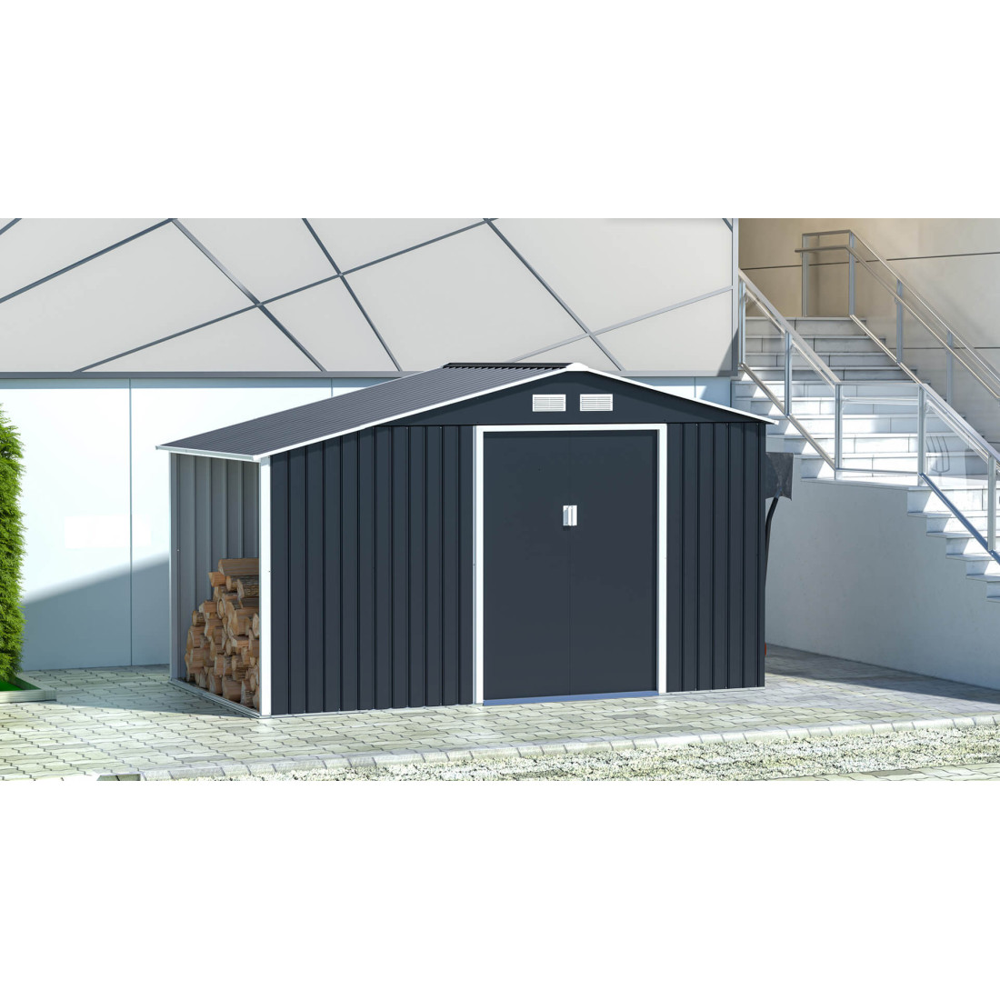 Aranżacja w ogrodzie domku na narzędzia MADISON 342x191cm Cold Grey - HARDMAISTER