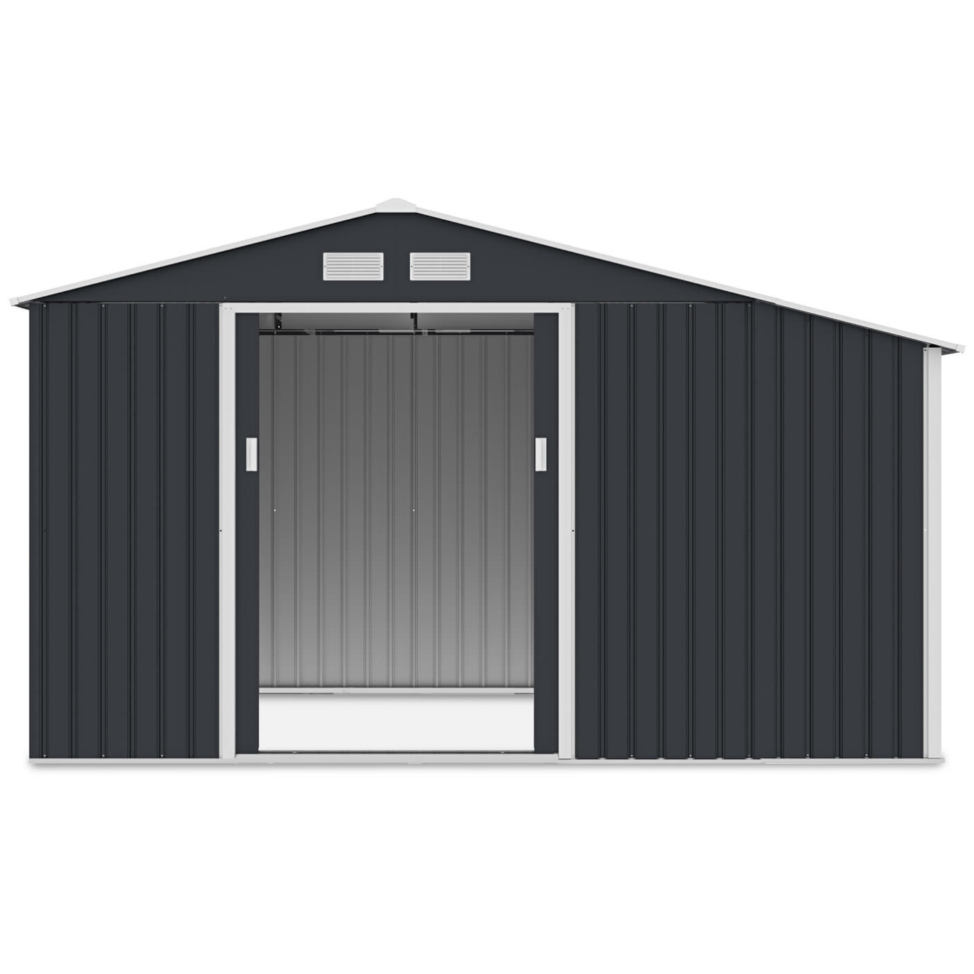 Widok na przód i wnętrze domku narzędziowego MADISON 342x191cm Cold Grey