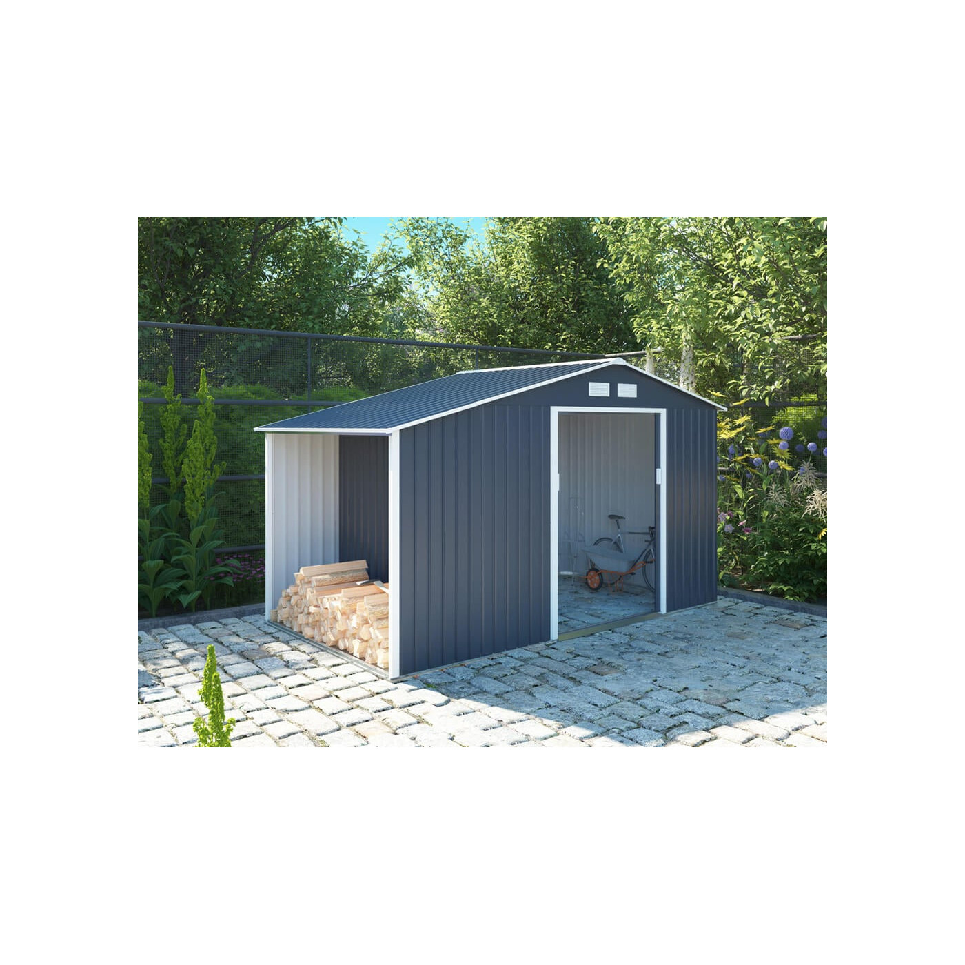 Aranżacja w ogrodzie domku na narzędzia MADISON 342x191cm Cold Grey