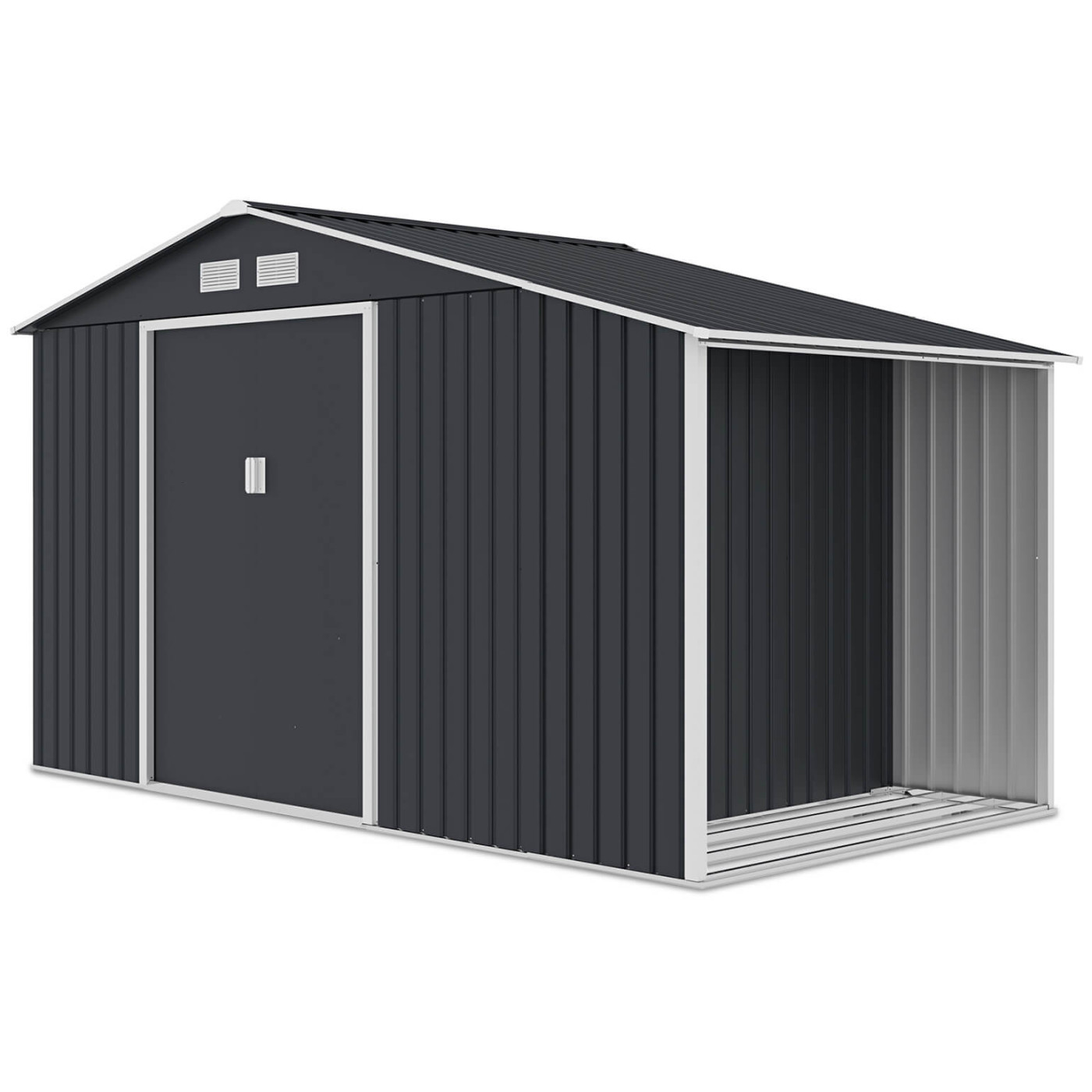 Widok na boczną ścianę z drewutnią domku na narzędzia MADISON 342x191cm