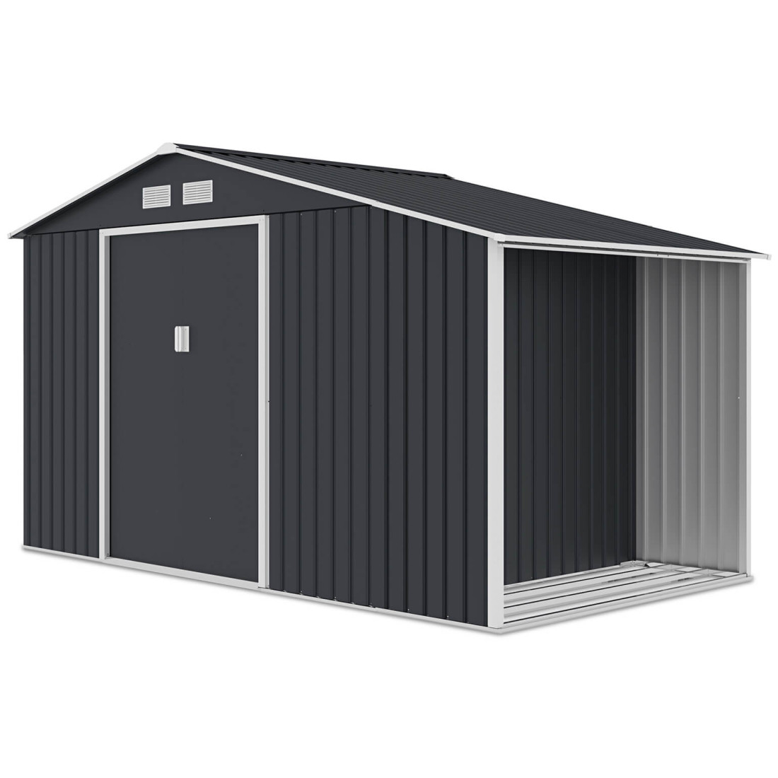 Widok na boczną ścianę z drewutnią domku na narzędzia MADISON 342x191cm