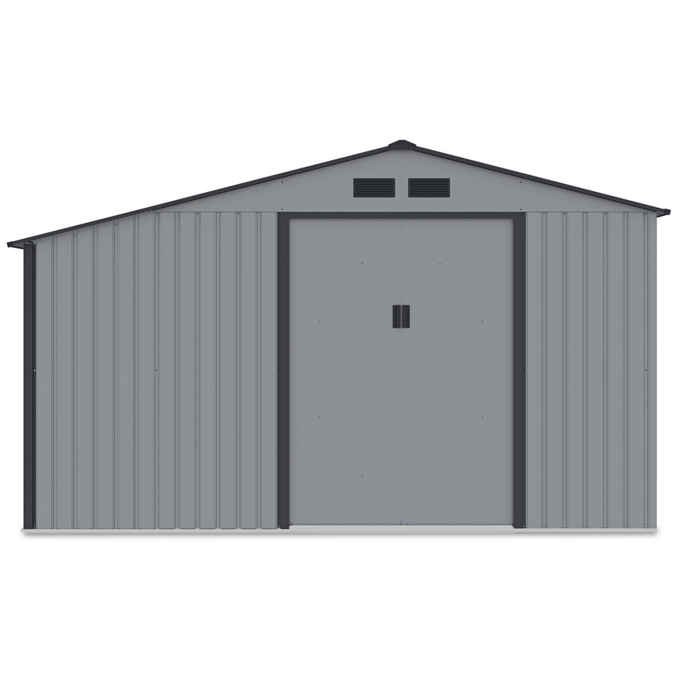 Widok na przednią ścianę i podwójne drzwi domku narzędziowego MADISON 342x191cm 