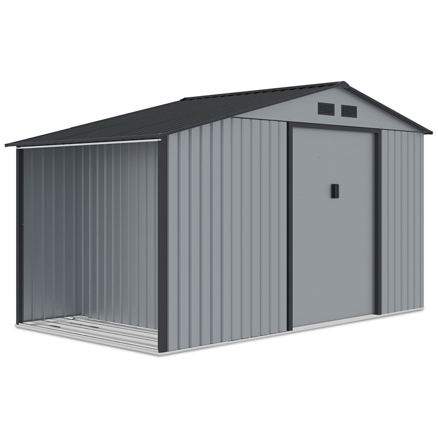 Widok boczny na domek narzędziowy z drewutnią MADISON 342x191cm Light Grey