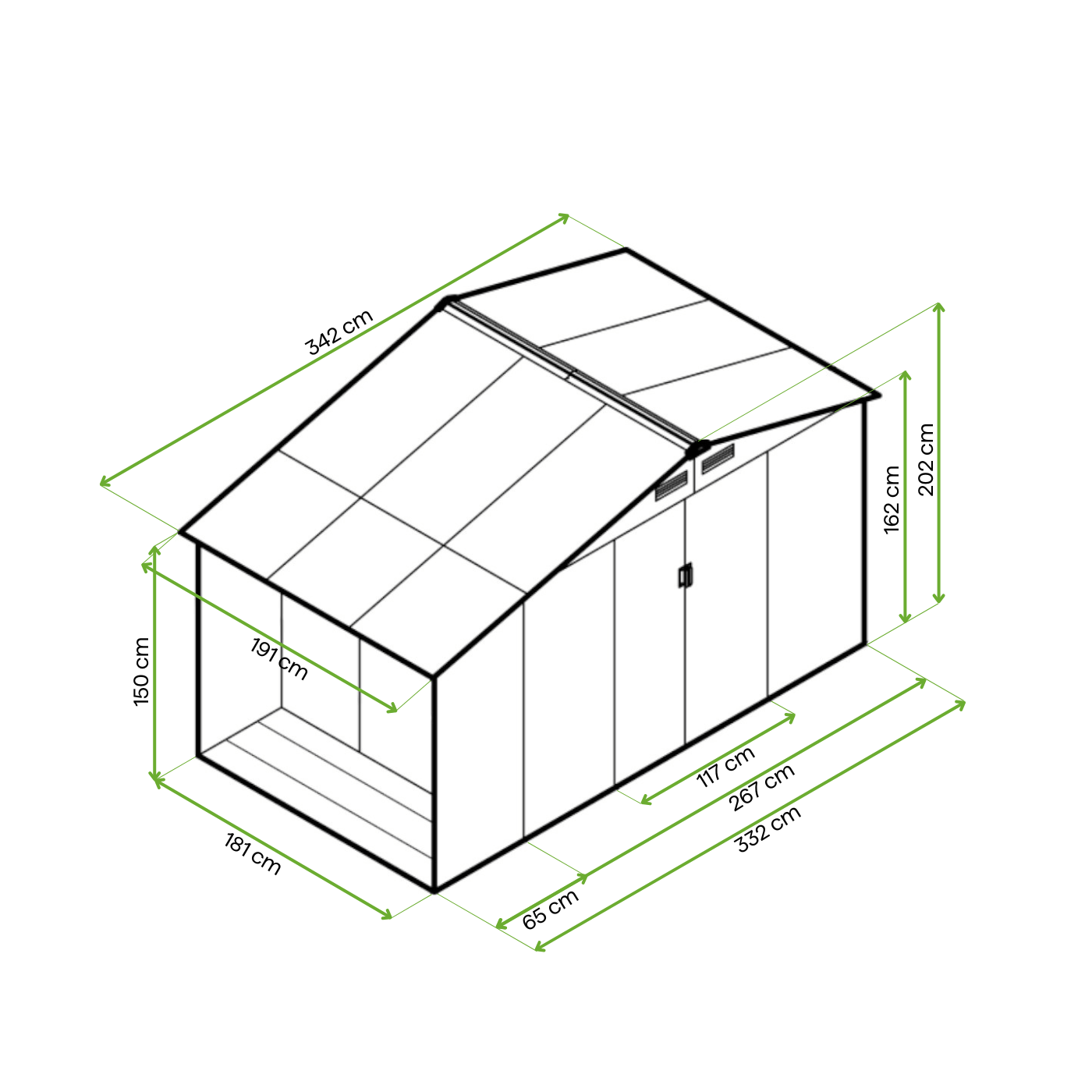 Rycina z wymiarami domku narzędziowego MADISON 342x191cm 