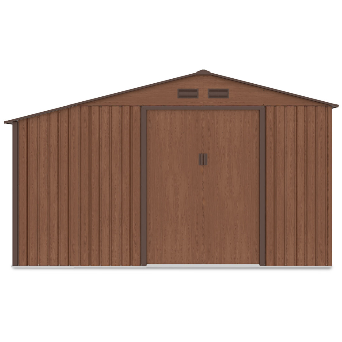 Widok na przednią ścianę i podwójne drzwi domku narzędziowego  MADISON 342x191cm Walnut