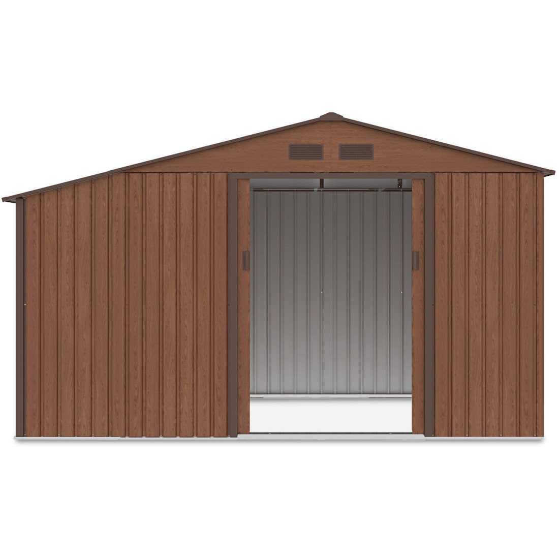 Widok na przód i wnętrze domku narzędziowego MADISON 342x191cm Walnut