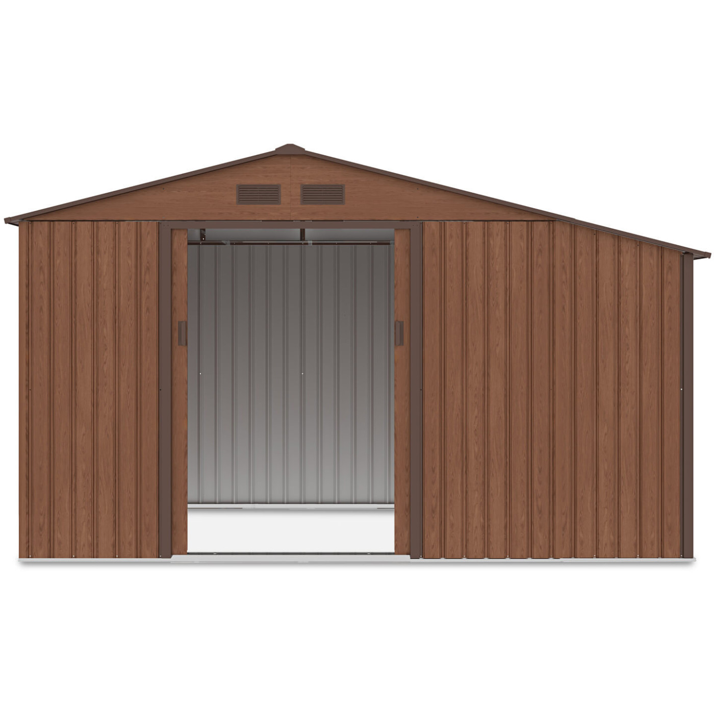 Widok na przód i wnętrze domku narzędziowego MADISON 342x191cm Walnut