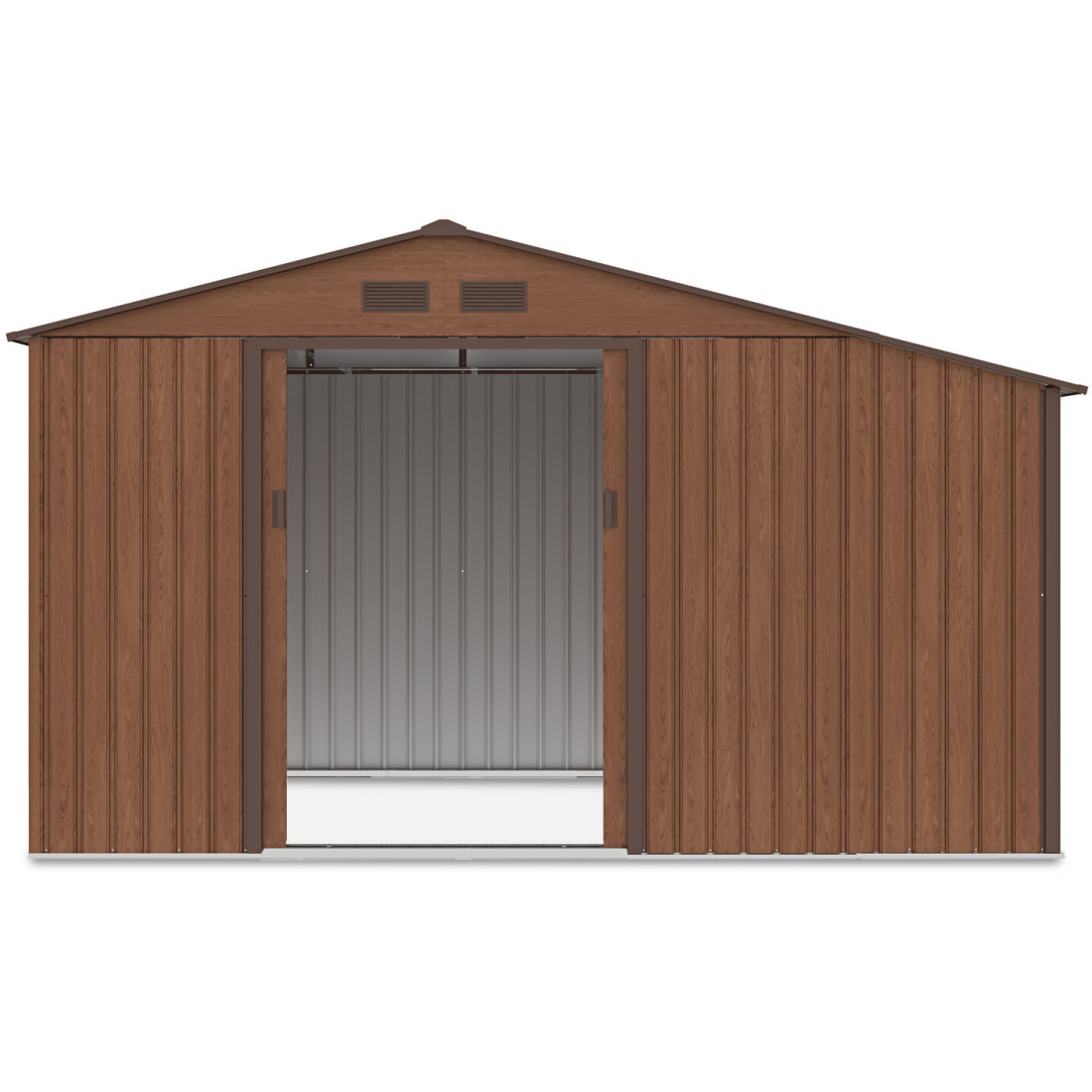 Widok na przód i wnętrze domku narzędziowego MADISON 342x191cm Walnut