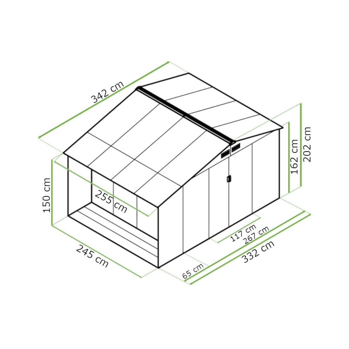 Rycina z wymiarami domku narzędziowego MADISON 342x255cm Cold Grey