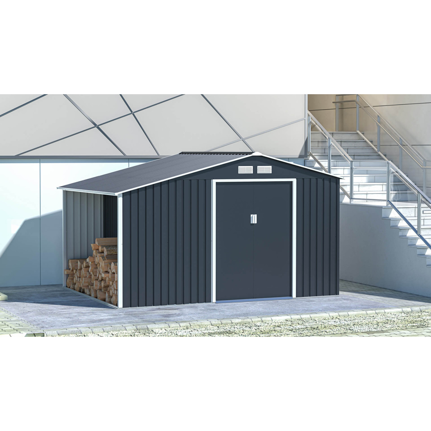 Domek narzędziowy MADISON 342x255cm Cold Grey - Aranżacja w ogrodzie, ułożone drewno w domku