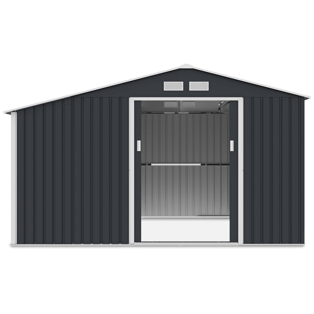 Przód domku narzędziowego MADISON 342x255cm z otwartymi drzwiami, widok na wnętrze 