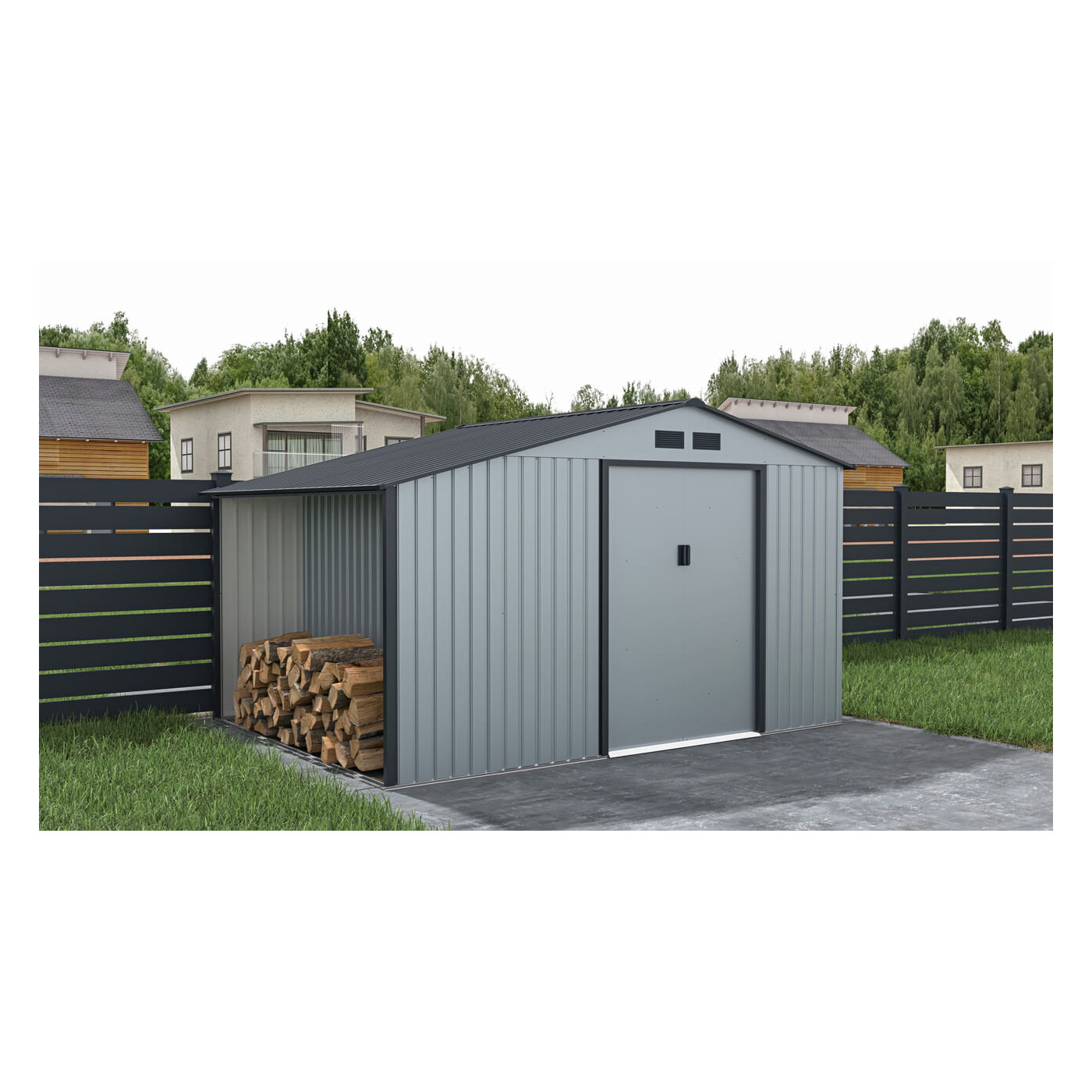 Aranżacja w ogrodzie domku narzędziowego MADISON 342x255cm Light Grey