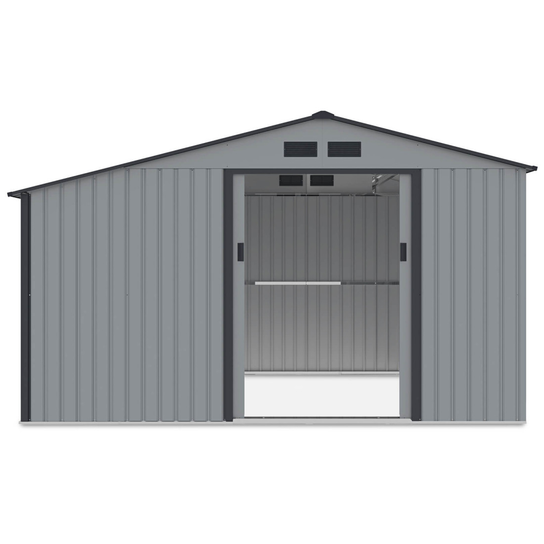 Widok na przód i wnętrze domku narzędziowego MADISON 342x255cm Light Grey